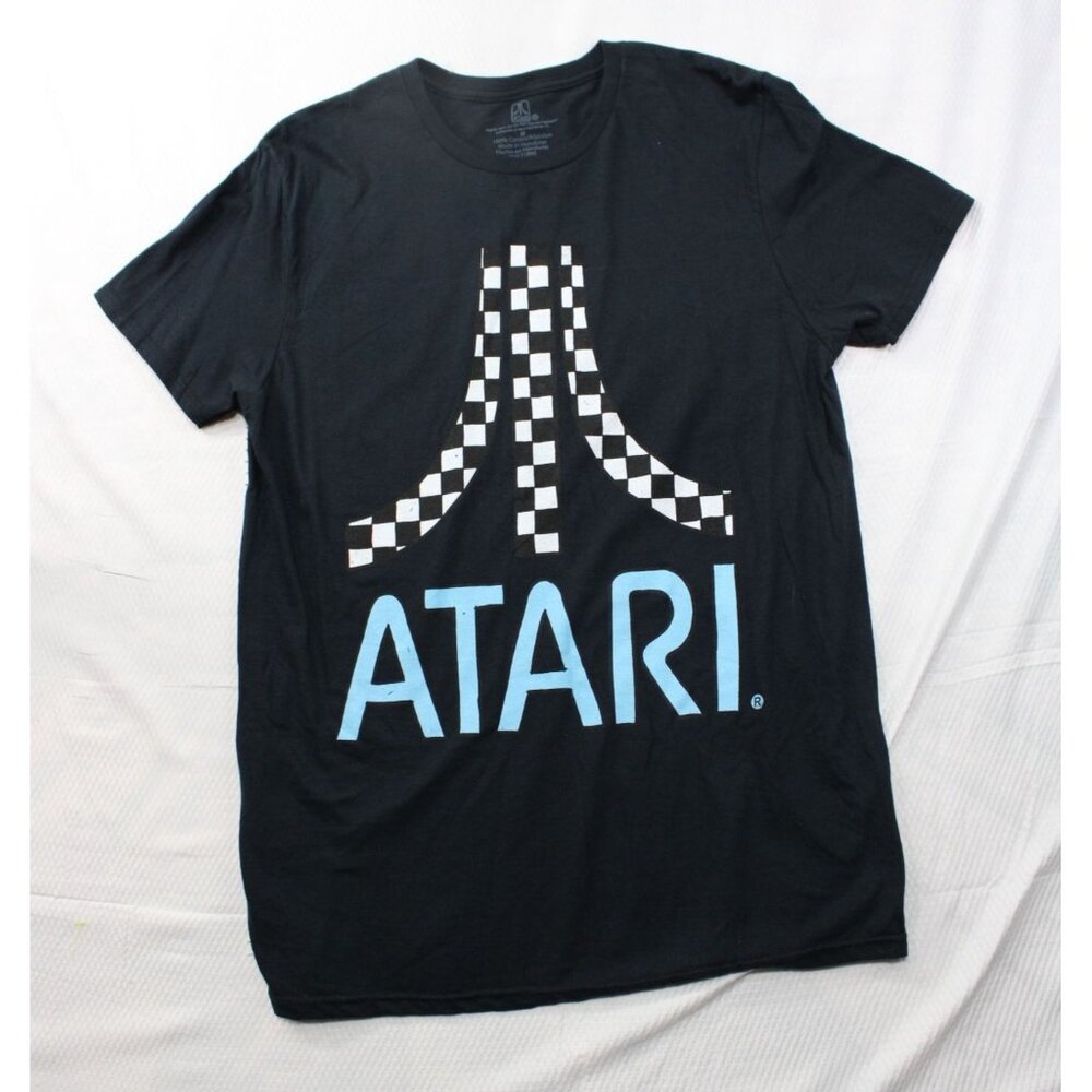 Retro Atari‎ Black T-Shirt Medium Mens 100% Cotton Checkered Logo Graphic Tee